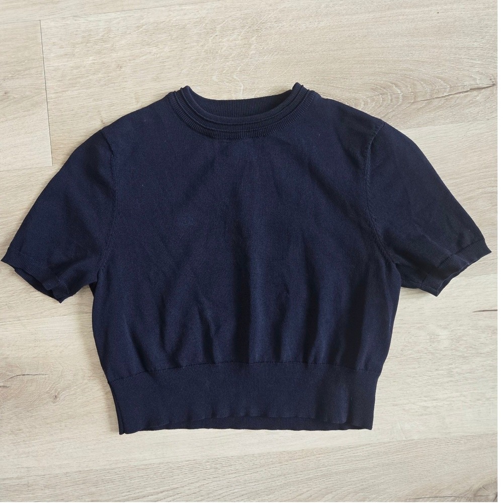 Alexis Navy Blue Short Sleeve Knit Cropped Top Crew Neck Viscose Blend XS